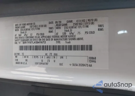 2020 Ford Transit-250 z USA, uszkodzony, nr VIN 1FTBR1Y87LKB41672